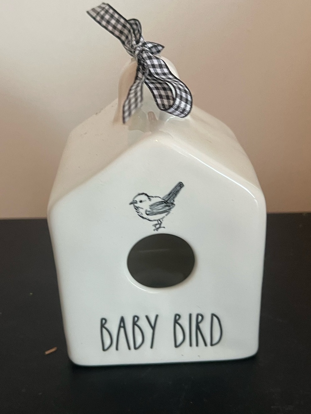 RAE DUNN MINI BABY BIRD BIRDHOUSE CERAMIC NEW WITH BUFFALO CHECK RIBBON
